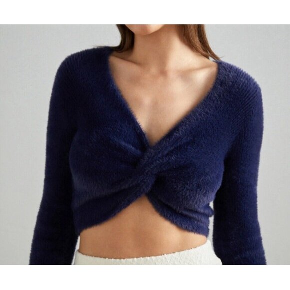 aerie Sweaters - Aerie Women's Twist Cross Front Fuzzy Navy Blue Cropped Sweater Size Large Soft